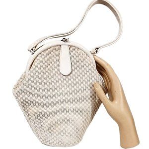 1950s Vintage Cream Textured Tall Geometric Shaped Box Handbag Purse Mid Century